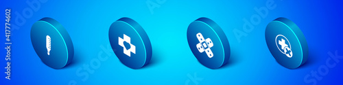 Set Isometric Medical thermometer, Crossed bandage plaster, hospital medical and Heart with cross icon. Vector.