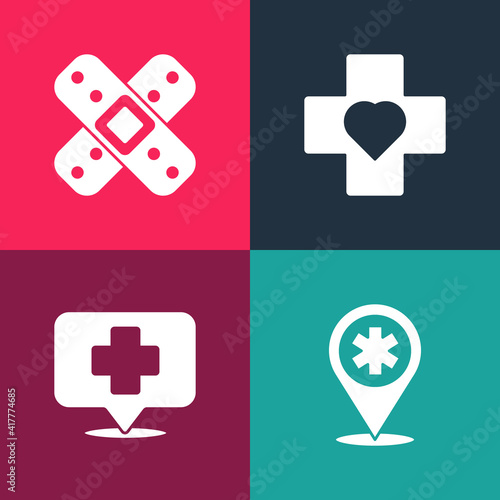Set pop art Map pointer with cross hospital, , Heart and Crossed bandage plaster icon. Vector.