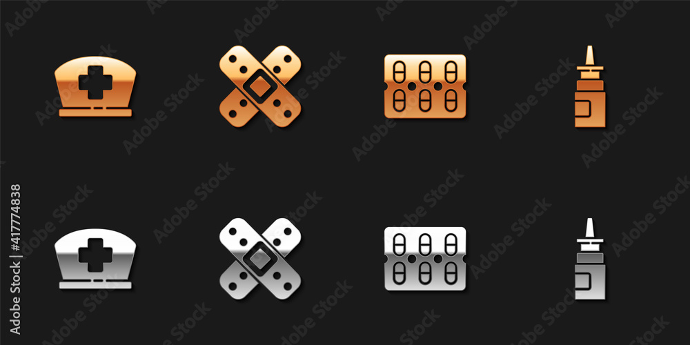 Set Nurse hat with cross, Crossed bandage plaster, Pills in blister pack and Bottle nasal spray icon. Vector. Set Nurse hat with cross, Crossed bandage plaster, Pills in blister pack and Bottle nasal spray icon. Vector.