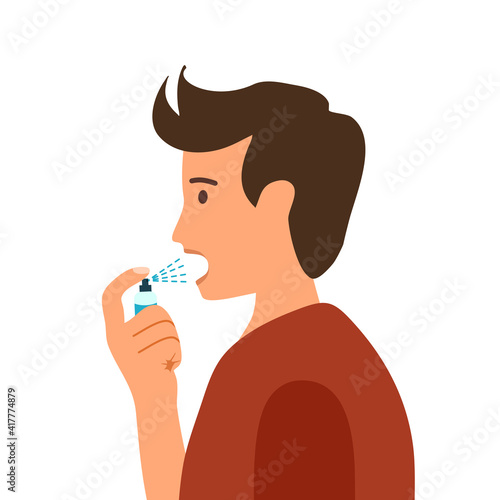 Man using mouth spray for fresh breathing or sore throat infection treatment in flat design on white background.