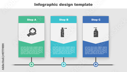 Set Cross hospital medical, Bottle with nozzle spray and Hand sanitizer bottle. Business infographic template. Vector.
