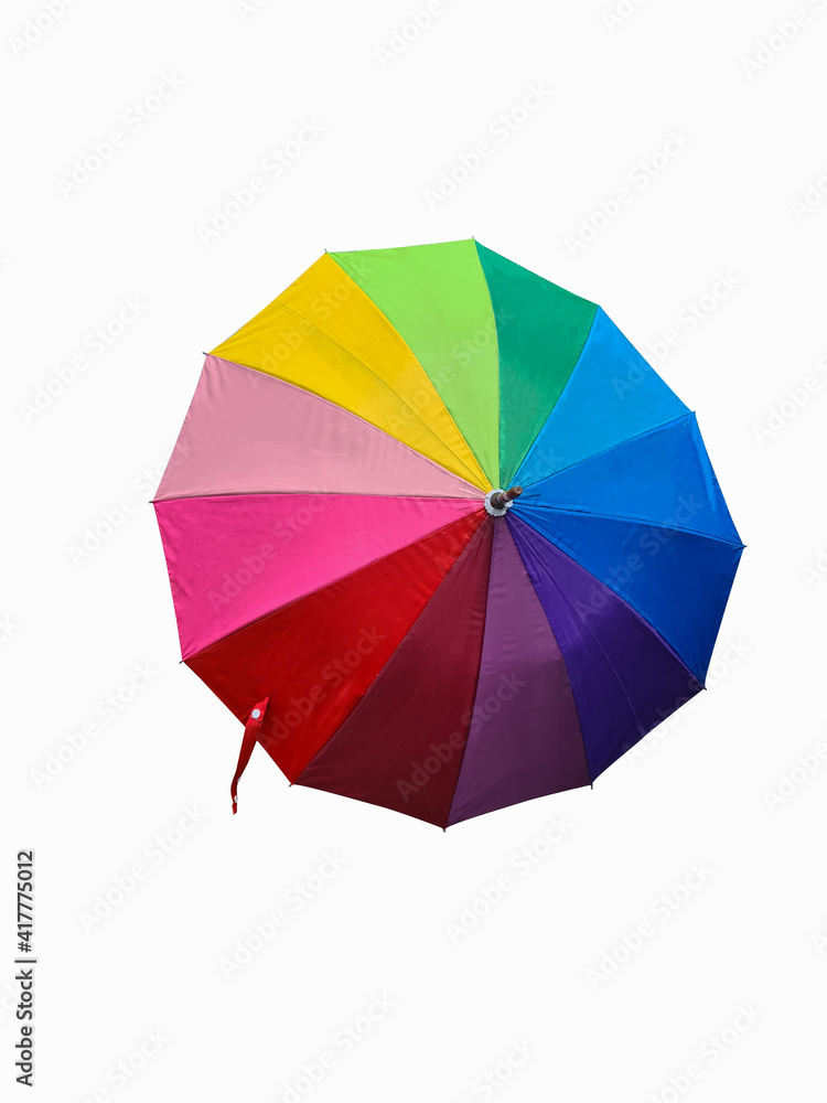 Multi colored sunshade umbrellas on isolated white background.