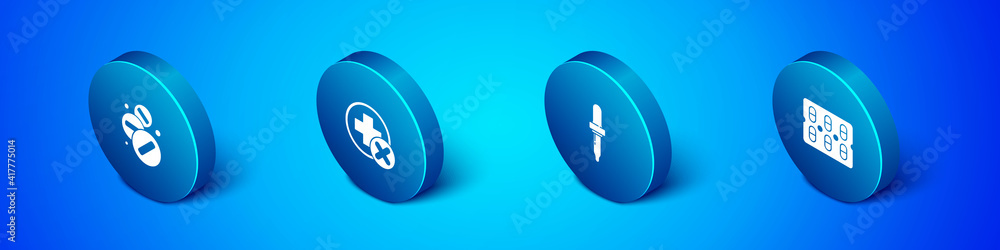 Set Isometric Medicine pill or tablet, Pipette, Pills blister pack and Cross hospital medical icon. Vector. Set Isometric Medicine pill or tablet, Pipette, Pills blister pack and Cross hospital medical icon. Vector.