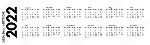 Horizontal calendar for 2022 on a white background