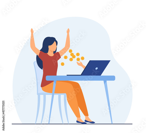 Happy woman earning money with help of computer. Wealth, coin, laptop flat vector illustration. Freelance and finance prosperity concept for banner, website design or landing web page
