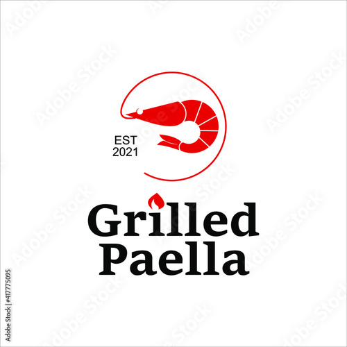 Barbecue Logo Design Grill and Smoke. Tasty Seafood Dish Paella Food Template