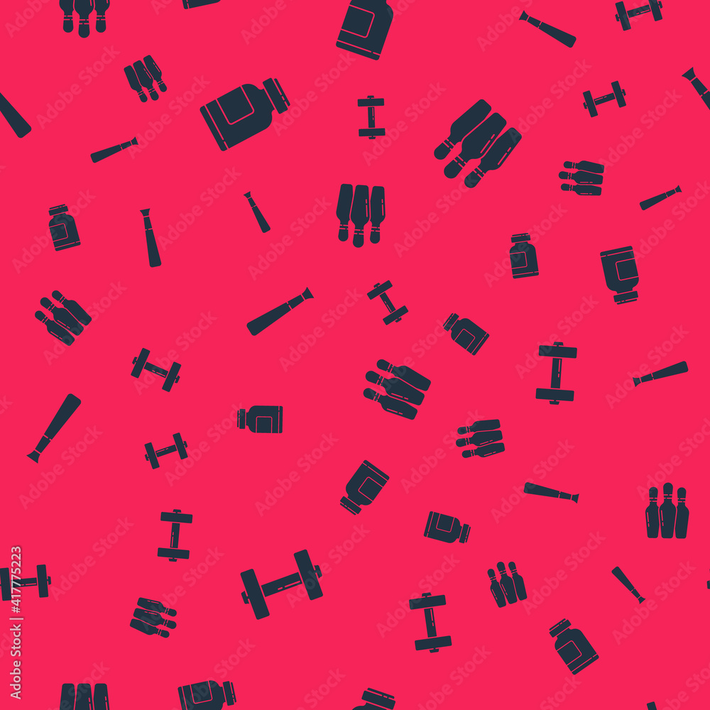 Set Dumbbell, Sports nutrition, Baseball bat and Bowling pin on seamless pattern. Vector.