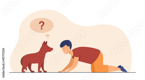 Happy boy playing with dog on floor. Pet, friend, game flat vector illustration. Childhood and domestic animals concept for banner, website design or landing web page