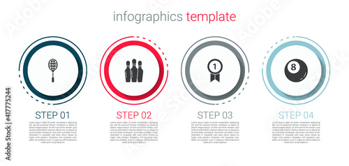 Set Tennis racket, Bowling pin, Medal and Billiard pool snooker ball. Business infographic template. Vector.