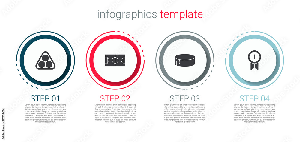 Set Billiard balls in a rack triangle, Football or soccer field, Hockey puck and Medal. Business infographic template. Vector. Set Billiard balls in a rack triangle, Football or soccer field, Hockey puck and Medal. Business infographic template. Vector.
