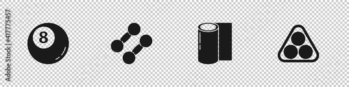 Set Billiard pool snooker ball, Dumbbell, Fitness mat roll and balls in rack triangle icon. Vector.