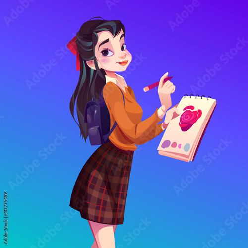 Asian artist girl paint flowers, young woman painter in chequered short skirt and rucksack holding pencil and sketchbook with rose blossom sketch. Workshop studio class, Cartoon vector illustration