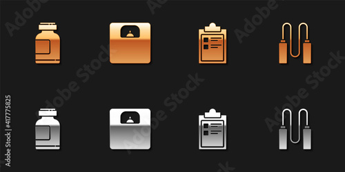 Set Sports nutrition, Bathroom scales, training program and Jump rope icon. Vector.