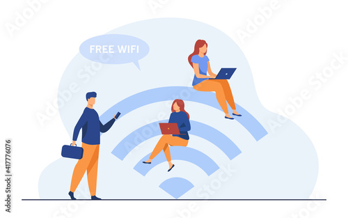 Happy tiny people using free Wi-Fi. Internet, online, laptop flat vector illustration. Communication and network concept for banner, website design or landing web page