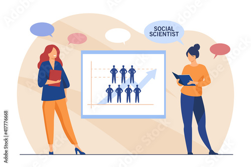 Two female social scientists studying people. Arrow, analysis, survey flat vector illustration. Business research and statistics concept for banner, website design or landing web page