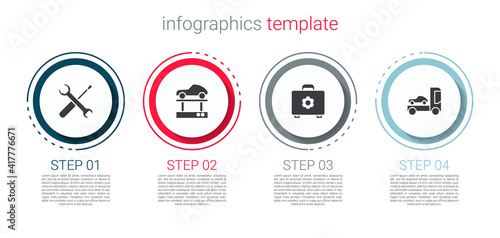 Set Screwdriver and wrench spanner, Repair car on lift, Toolbox and Car transporter truck. Business infographic template. Vector.
