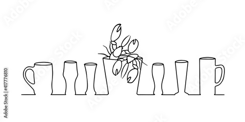 Beer mugs and glasses, a crayfish bucket  are lined up and drawn with a continuous line.