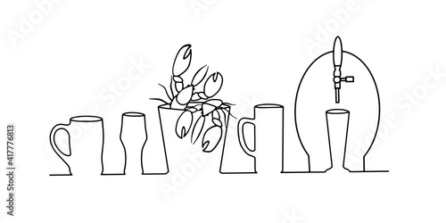 Beer mugs and glasses, a crayfish bucket and a barrel for cooling and pouring beer are lined up and drawn with a continuous line.