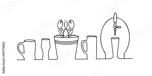 Beer mugs and glasses, a crayfish bucket and a barrel for cooling and pouring beer are lined up and drawn with a continuous line.