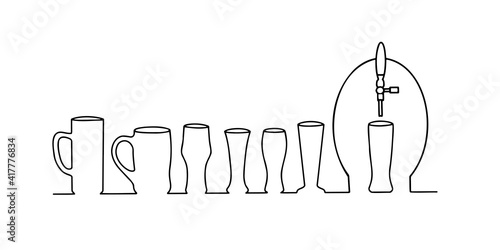 Beer mugs and glasses mugs are lined up in front of the barrel for cooling and pouring beer while waiting in line  and drawn with a continuous line.