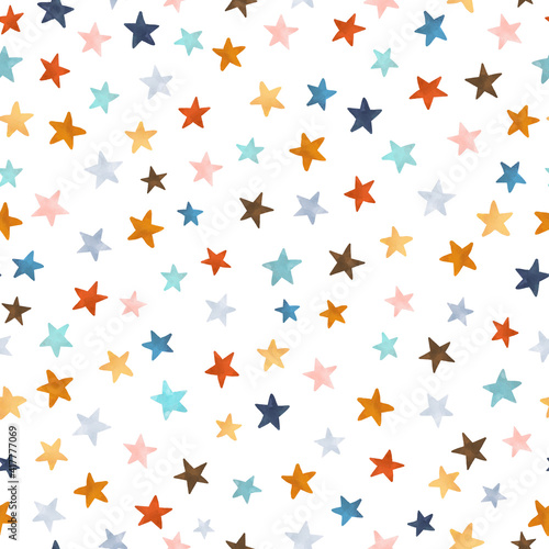 Beautiful seamless pattern with watercolor colorful stars. Stock illustration.