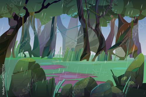 Rain in summer forest. Scene of jungle, garden or natural park at rainy weather. Vector cartoon landscape of woods glade with green grass, water puddles, trees, lianas and stones