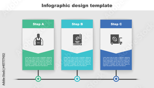 Set Barista, Coffee book and street truck machine. Business infographic template. Vector.