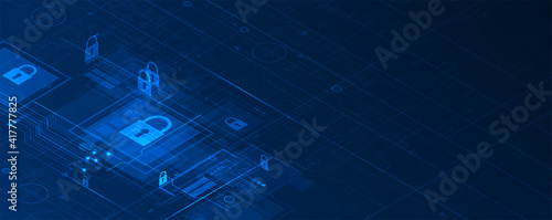 internet digital security technology concept for business background. Lock on circuit board