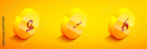 Set Isometric Location with coffee cup, Coffee filter holder and Manual grinder icon. Vector.