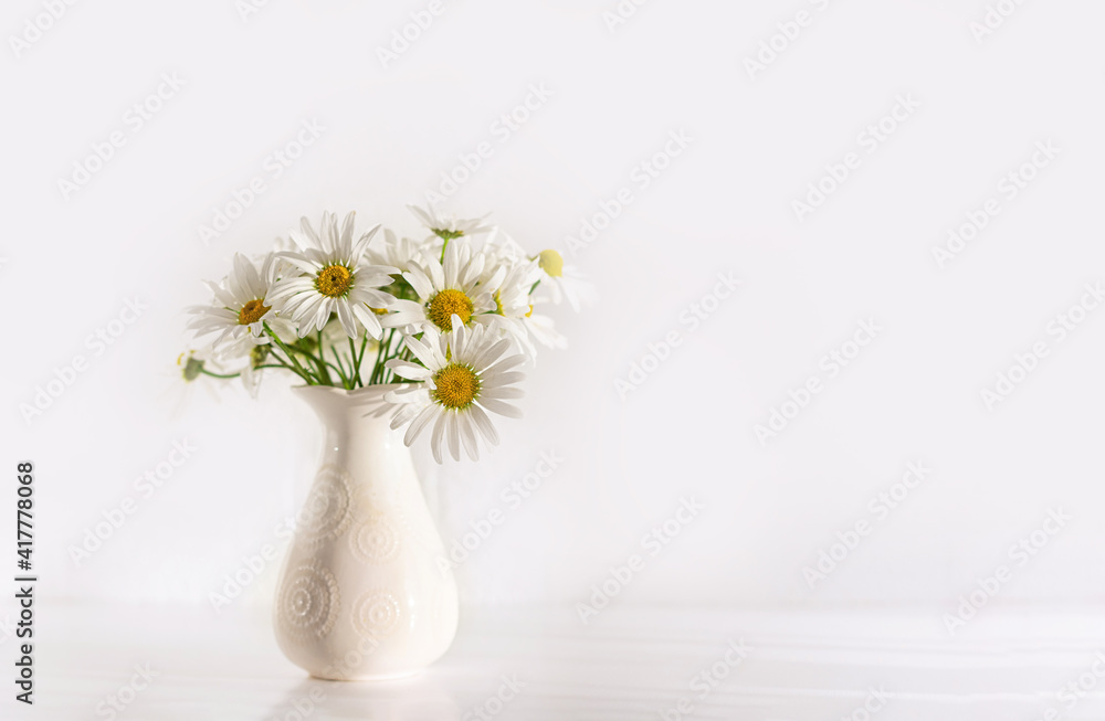 Bouquet of field chamomile flowers in vase on white background. Copy space. Selective focus. Bouquet of field chamomile flowers in vase on white background. Copy space. Selective focus.