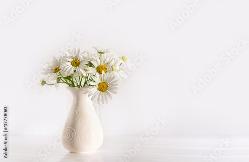 Wallpaper Mural Bouquet of field chamomile flowers in vase on white background. Copy space. Selective focus. Torontodigital.ca