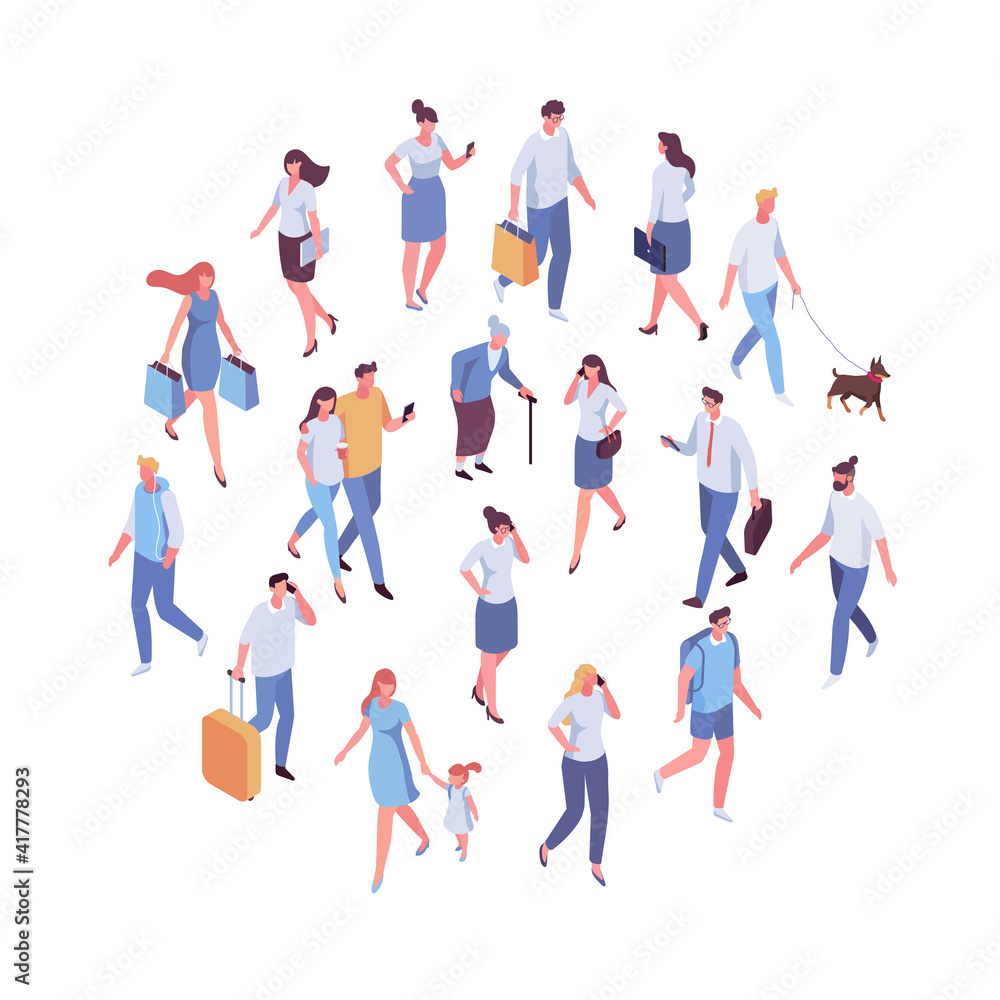 Isometric different people walking. Crowd vector set. Men and women isolated on white background