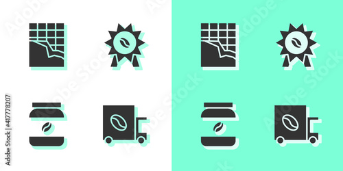 Set Coffee street truck machine, Chocolate bar, jar bottle and Medal for coffee icon. Vector.