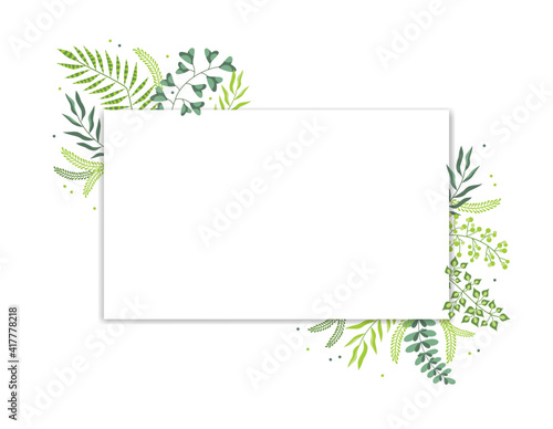 Vector floral greenery card design: green leaves, frame template. Wedding invitation, poster, invitation, postcard, decoration for text. Spring Summer. Hand drawn art illustration.