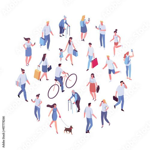 Isometric different people walking. Crowd vector set. Men and women isolated on white background