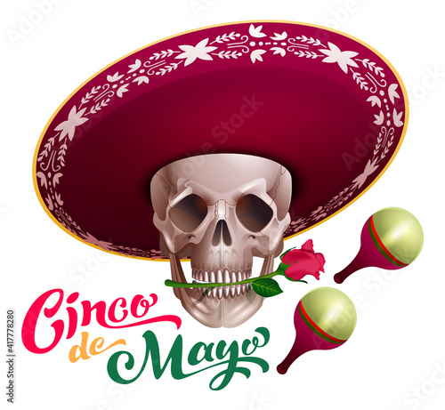 Cinco de mayo text lettering template greeting card. Skull in sombrero hat holds rose flower in teeth