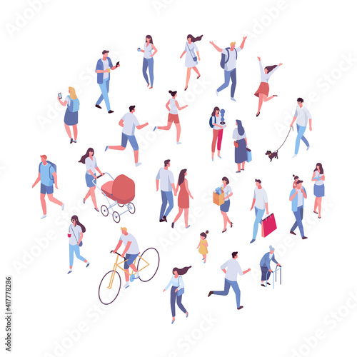 Isometric different people walking. Crowd vector set. Men and women isolated on white background