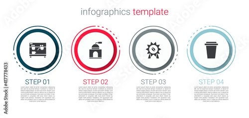 Set Coffee machine, Manual coffee grinder, Medal for and cup to go. Business infographic template. Vector.