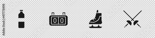 Set Bottle of water, Sport mechanical scoreboard, Skates and Fencing icon. Vector.