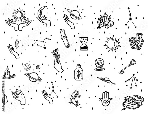 Magic doodle symbol. Witch hand drawn magic element, doodle witchcraft crystal, skull, knife, mystery tattoo sketch vector illustration icons set. Magic and witchcraft, witch esoteric alchemy
