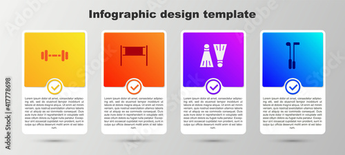 Set Dumbbell, Volleyball net, Rubber flippers for swimming and Golf club. Business infographic template. Vector.