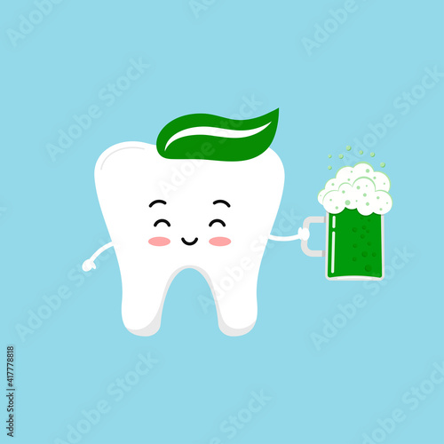 St Patrick day tooth with glass of beer. Cute dental happy teeth irish character with glass of splashing green ale. Flat design cartoon dentist celebration vector illustration.