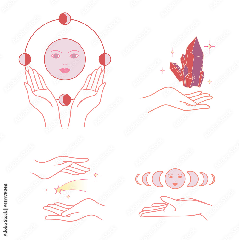 Hands with stars, crystal and moon Hands with stars, crystal and moon