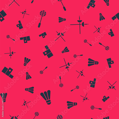 Set Badminton shuttlecock, Tennis racket, Award over sports winner podium and Fencing on seamless pattern. Vector.