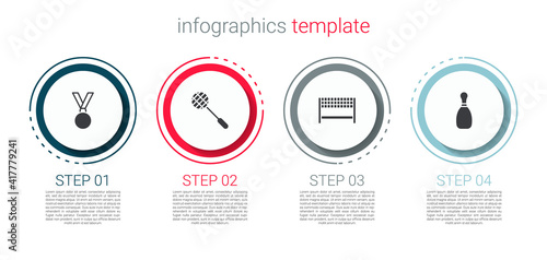Set Medal, Tennis racket, Ribbon in finishing line and Bowling pin. Business infographic template. Vector.