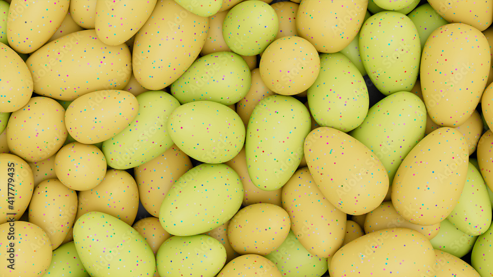 Multicolored Easter Egg background. Beautiful Easter Wallpaper with, speckled Green and Yellow Eggs. 3D Render Multicolored Easter Egg background. Beautiful Easter Wallpaper with, speckled Green and Yellow Eggs. 3D Render