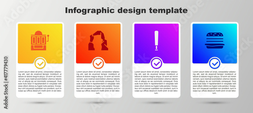 Set Slot machine, Grand canyon, Baseball bat and Burger. Business infographic template. Vector.
