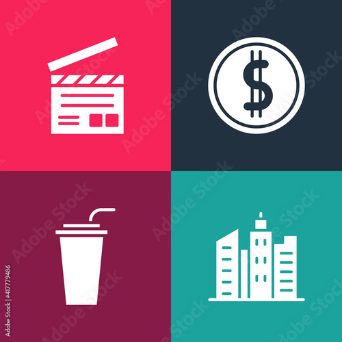Set pop art City landscape, Paper glass with straw, Coin money dollar and Movie clapper icon. Vector.