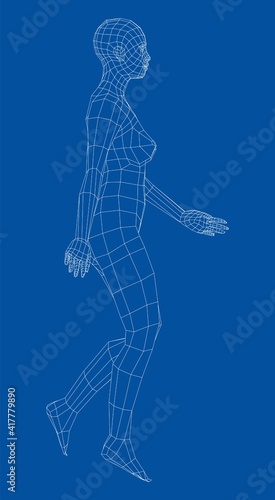 Wireframe walking woman. Vector