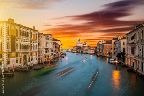 Grand Canal and Basilica Santa Maria della Salute at sunset, Venice, Italy